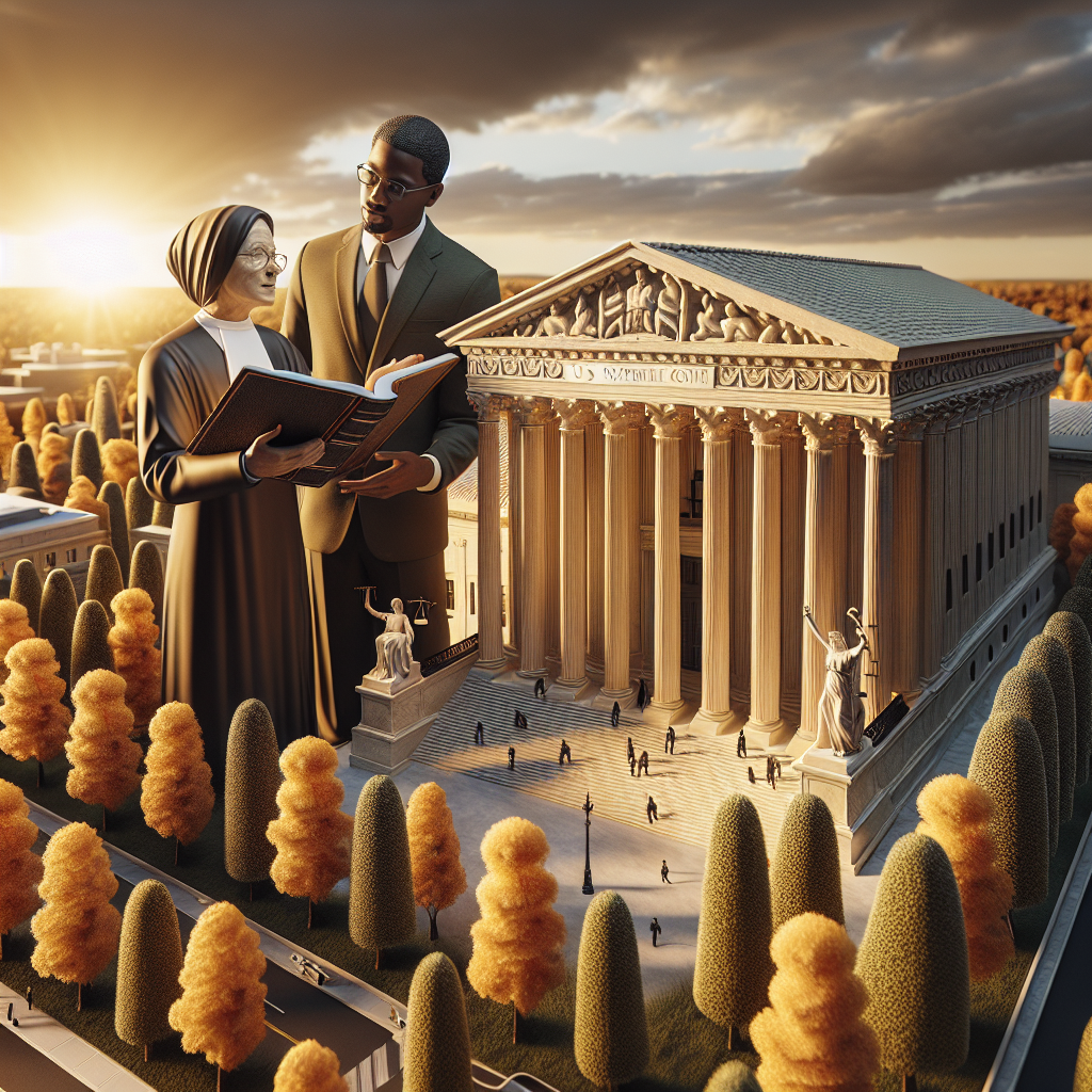 An aerial view of the United States Supreme Court building with its neoclassic architecture, as golden rays of a setting sun illuminate it. Surrounding it are impeccably pruned tall trees in late autumn colors. In the foreground, a mature Middle-Eastern woman and a young Black man, both dressed in professional legal attire, engaged in an animated discussion, each holding a thick book labeled 'US Supreme Court Rulings'. Also prominently visible are various symbols of justice such as the scales, a gavel, and a blindfolded statue signifying impartiality.