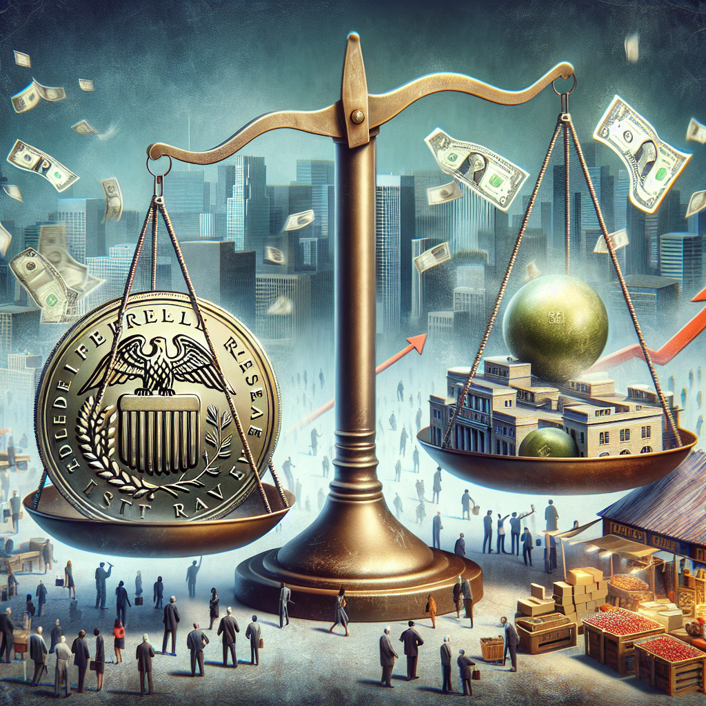 A conceptual illustration depicting a large balance scale. On one side of the scale, please depict a giant coin embossed with the symbol of interest rate, signifying the Federal Reserve's decision making. On the other side of the scale, depict a busy marketplace, symbolizing the economy. In the background, include subtle elements of inflation like soaring prices on items at the marketplace or currency notes flying off like leaves in the wind. The scene conveys a complex economic environment where decisions on federal interest rates directly impact the people's financial activities.
