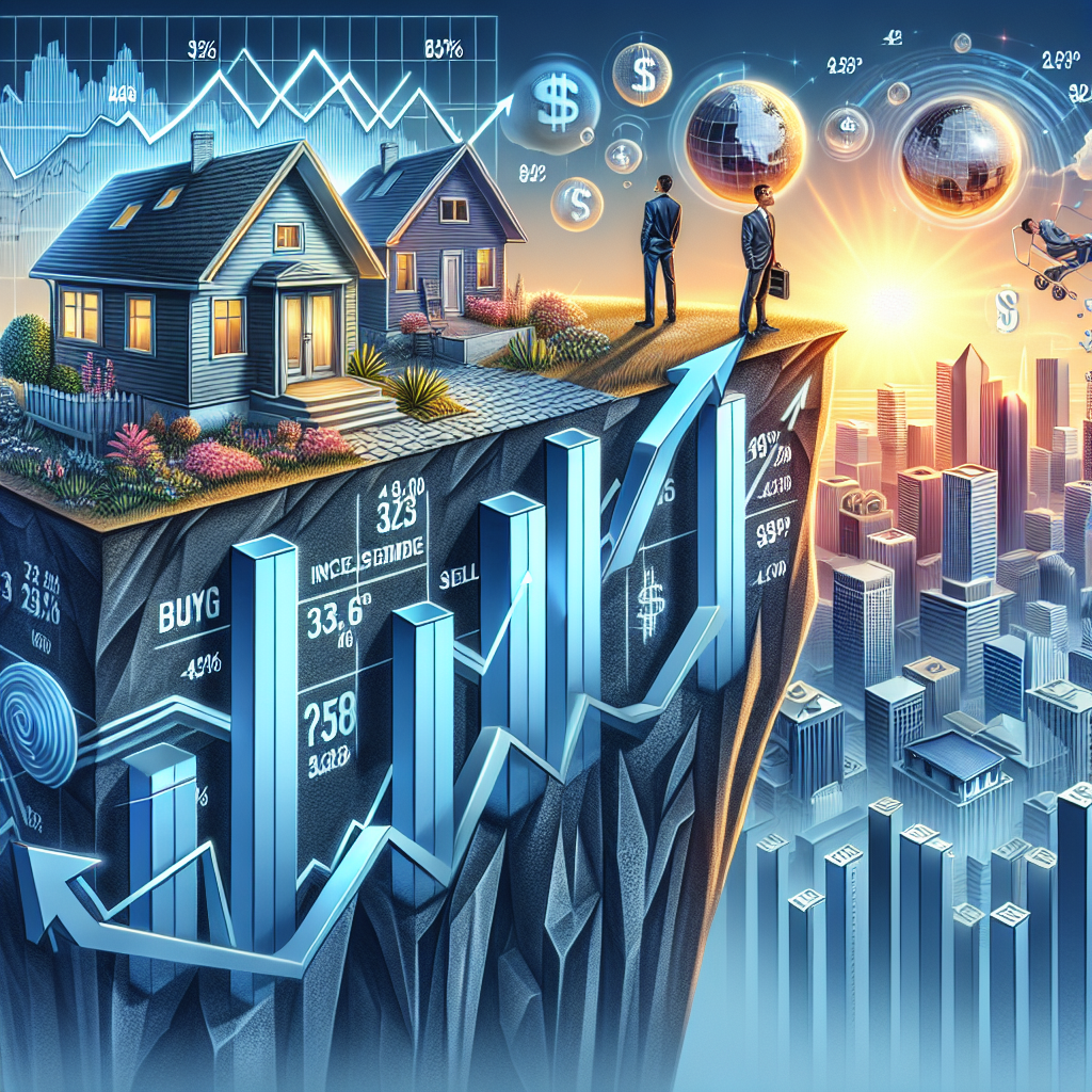 An elaborate illustration representing the surge in the housing market crisis due to rising mortgage rates. Include an impactful image of a graph climbing upwards, with skyscraper-like bars representing increased mortgage rates. Place a 3D house model on the edge of a cliff, indicating the precarious state of the housing market. Add a sun setting in the background symbolizing the imminent crisis. Decorate the scene with various financial symbols and icons showing buying, selling and investment fluctuations. Include a young South Asian male banker and a middle-aged Caucasian female investor demonstrating worry and contemplation respectively, reflecting the impact on individuals of different descents and genders.