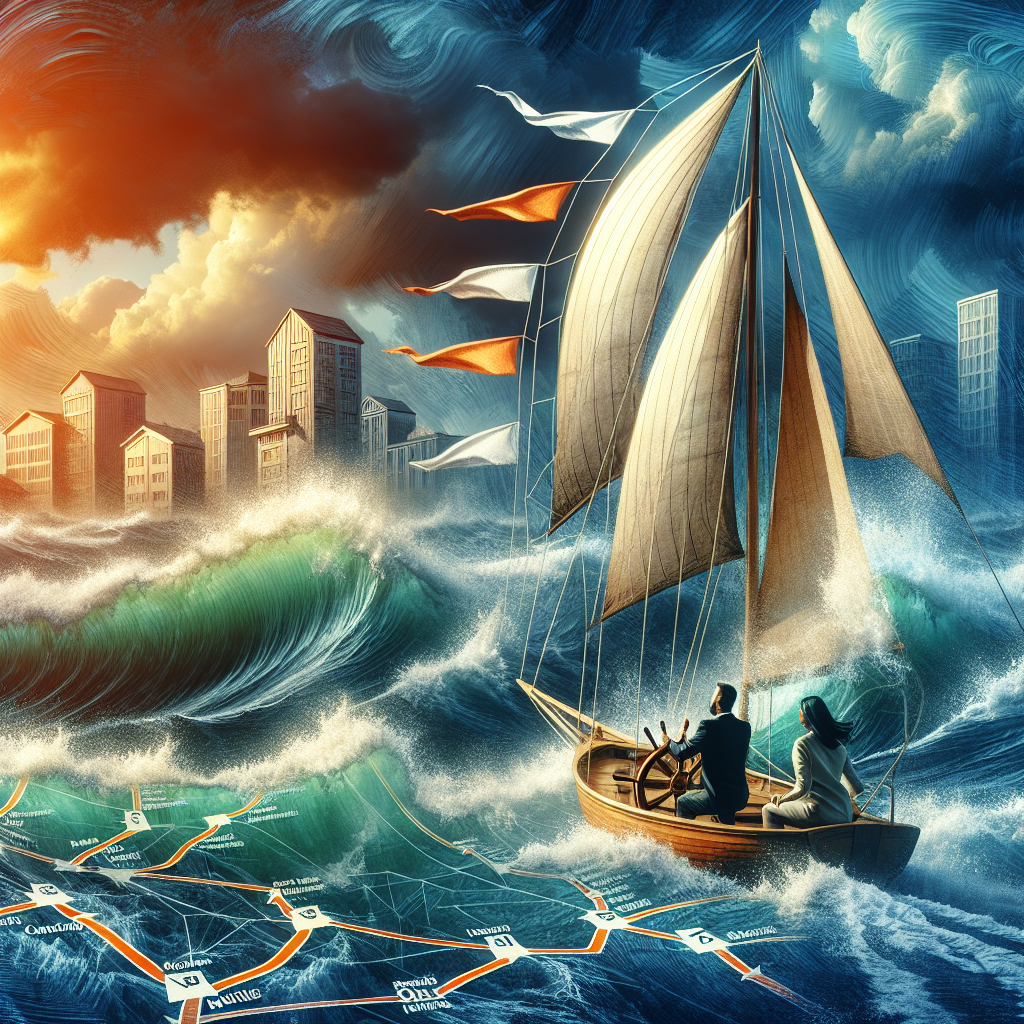 Visual metaphor of a sailboat navigating choppy waves at sea, symbolizing the housing market crisis. The sailboat is large and well-crafted, flying pennants representing different mortgage rate terms. The choppy sea is a mix of varied blues, wild and unforgiving. The sun is setting in the background, casting an intense orange glow in the sky, hinting at the urgency of the situation. In the foreground, a map of the housing market is spread out, with multiple routes marked out, indicating various strategic options. A Caucasian man and a South Asian woman are collaboratively steering the boat, symbolizing homeowners making strategic decisions amid the crisis.