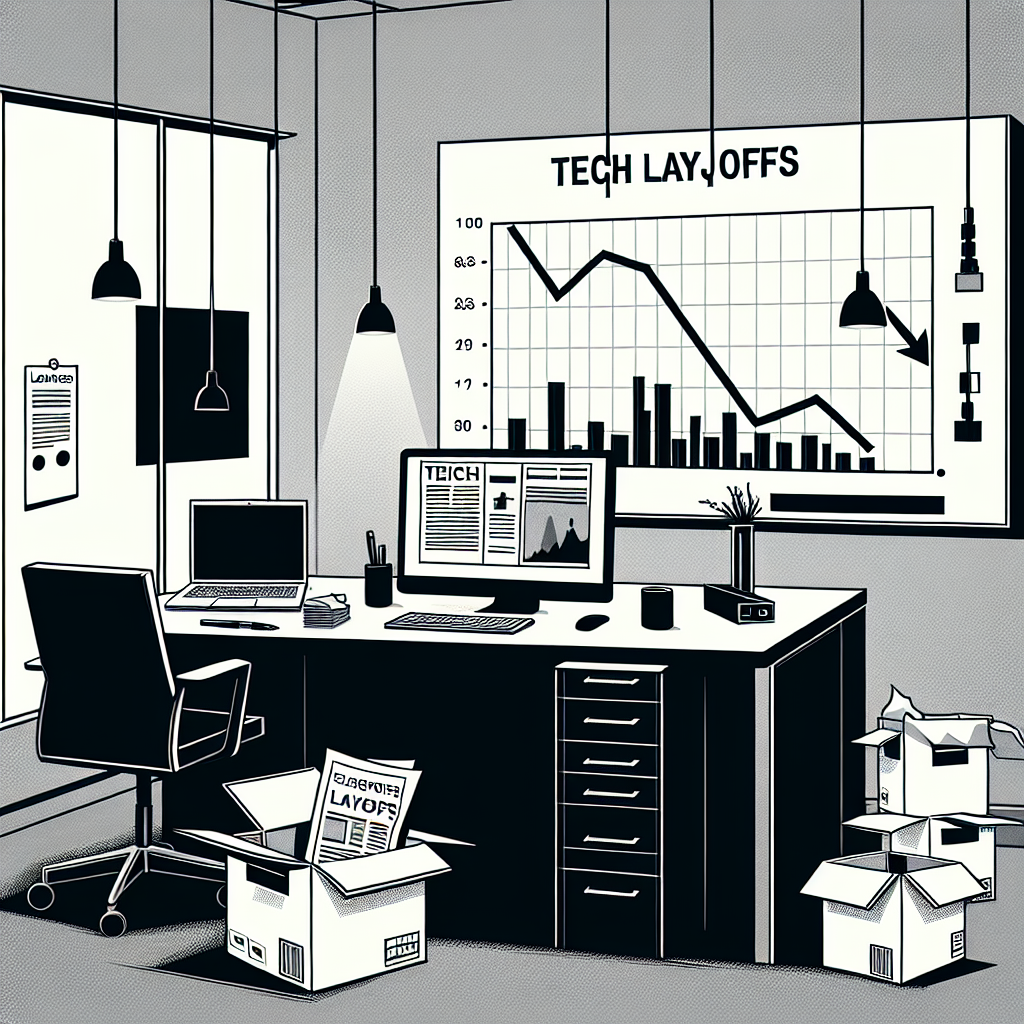 Draw an image of a minimalist office setting in greyscale. Include elements associated with the tech industry: computers, chart on a whiteboard illustrating a downward trend, discarded cardboard boxes symbolizing layoffs, and a prominent newspaper on a desk headlining 'Tech Layoffs'. Make sure the image evokes a sense of uncertainty and change. Please do not include any identifiable logos or trade marks.