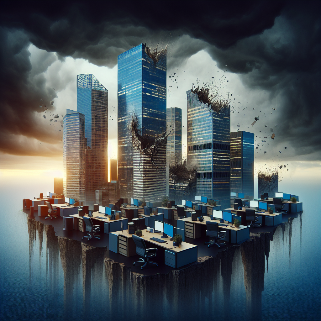 A symbolic representation of technology companies experiencing challenging times could include several tall skyscrapers, signifying the tech giants, that are partially cracked and eroding. At the base of the skyscrapers, multiple office desks are seen abandoned and empty. The sky above is dark and stormy, reflecting the severity of the situation. Note that the skyscrapers should not bear any logos or identifiable features linked to any real-world companies. The setting should be in the evening, depicting a sense of uncertainty about the future.