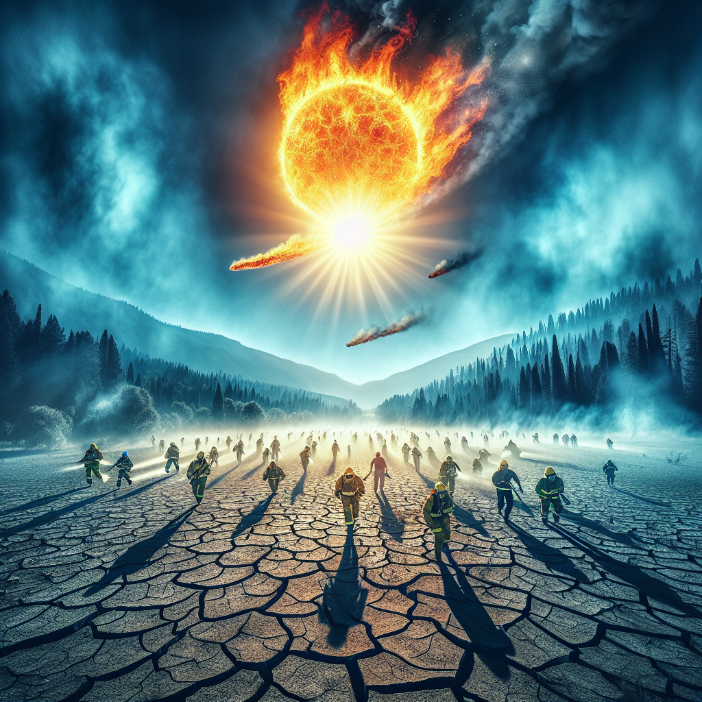 A powerful visual representation of an extreme heatwave in the midst of summer. The sun is blazing hot in a clear blue sky, casting harsh shadows on the parched and cracked earth below. In the distance, you can see a wildfire spreading rapidly through a dense forest, leaving a trail of smoke billowing into the sky. Faint figures of firefighters, representing a diverse range of descents and genders, are bravely battling the blaze, their bright outfits standing out against the raw, dangerous beauty of nature's fury. The whole scene conveys urgency and the need for immediate action.