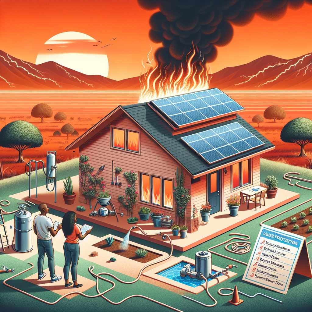 A scorching summer landscape under a vivid orange sky, symbolic of climate extremes. A wildfire is faintly visible in the distant backdrop. In the foreground, a resilient home with a well-maintained surrounding, appearing strong against this extreme backdrop. Crucial strategies are being implemented around the house: a defensible space cleared of tall, dry vegetation, a rooftop sprinkler system in action, and ember-resistant vents installed. Nearby, a Black woman and a Middle-Eastern man are actively participating in these tasks for wildfire protection. A checklist of wildfire home protection measures is floating next to them.
