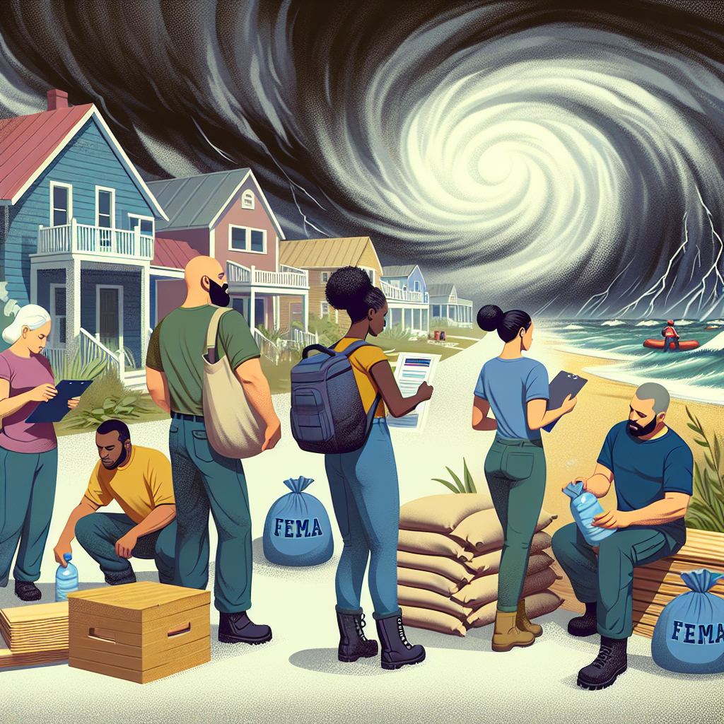 Illustrate an image representing FEMA's role in emergency preparedness during a hurricane season. The picture should include a looming storm over a coastal town, with the dark and swirling storm clouds representing the impending hurricane. Several citizens of diverse descents and genders, including a Caucasian male, a Black woman, a Hispanic man, and a Middle-Eastern woman, should be seen preparing. They are securing their homes with sandbags and plywood, checking emergency supplies, and tuning into a radio for alerts. Be sure to convey a sense of urgency and preparedness.