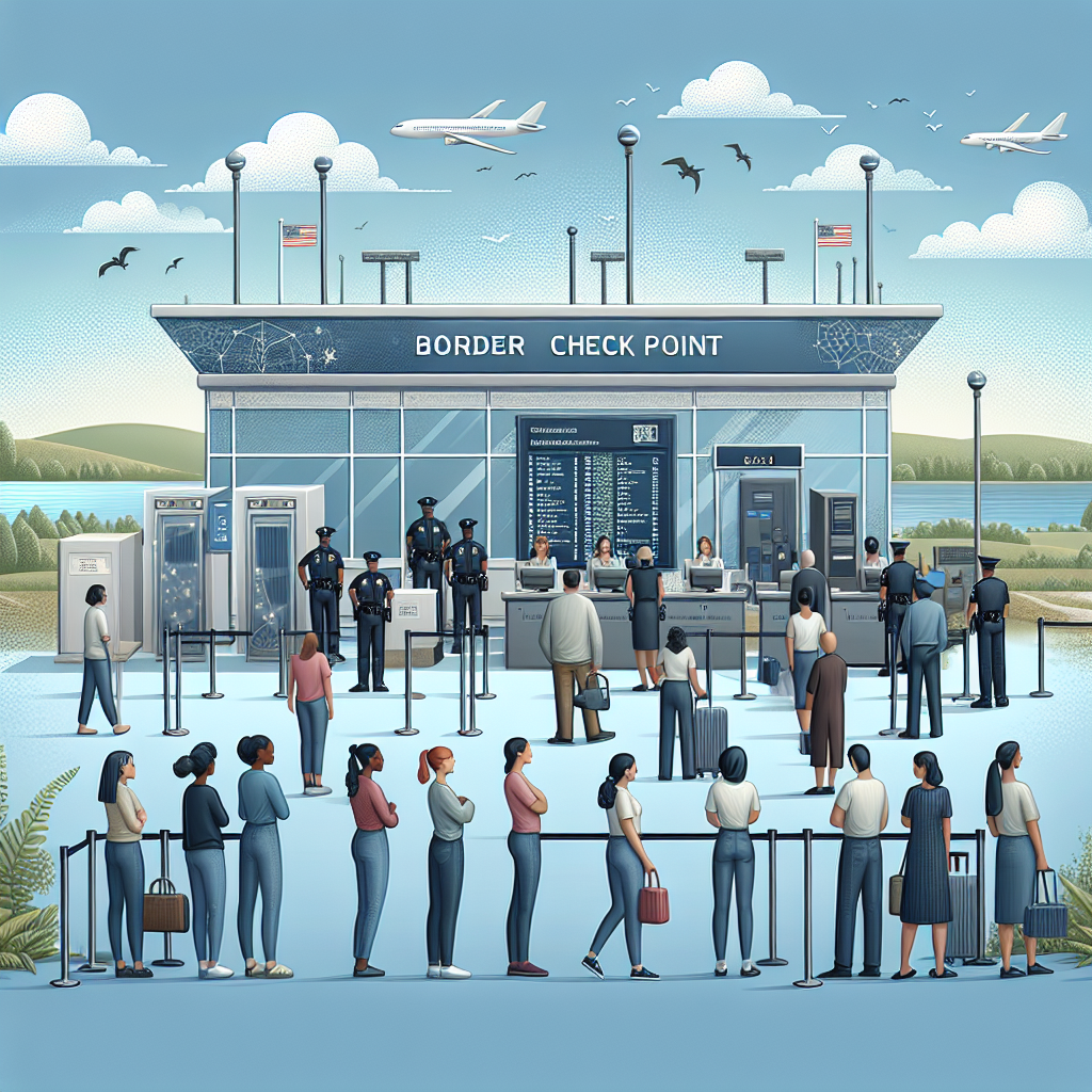 Visualize a tranquil and orderly scenario at a border check point. Importantly, depict the key principles of modern border security: efficient identity checking facility with high-tech equipment including biometric devices and data servers, clear signage, professional and gender-balanced staff with a mix of Caucasian, Black, Hispanic, Middle-Eastern and South Asian descent. Also include a well-organized line of people patiently waiting their turn. Enhance the visual with the background of a serene landscape symbolizing the welcoming nature of immigration.