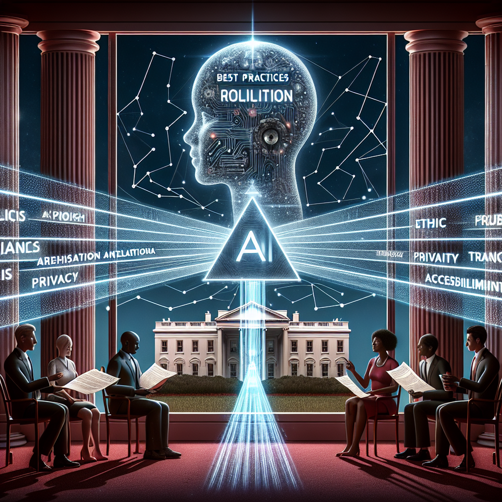 An image capturing the essence of artificial intelligence regulation framed within the context of best practices policy. Depict a symbolic representation of the White House but refrain from any direct portrayals of specific public figures. To convey the concept of AI regulation, illustrate a beam of light travelling through a prism, splitting into multiple streams, each stream labeled with different AI-related regulatory aspects such as ethics, privacy, transparency, and accessibility. In the foreground, a diverse group of individuals - a Black female, a Caucasian male, and a South Asian non-binary person - are in deep discussion, holding documents that signify policy-making.
