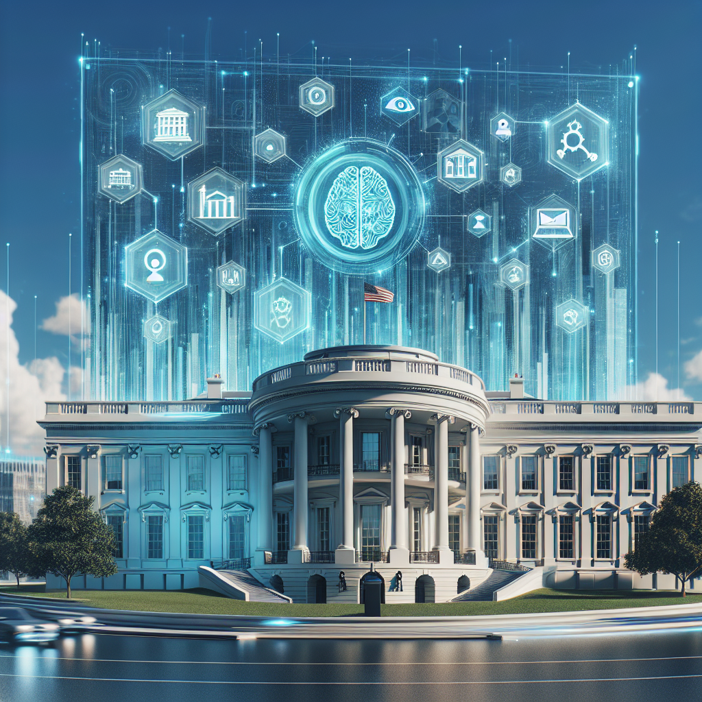 Illustration of the concept 'AI Regulation: Best Practices'. Picture a large scale, prominently placed, modern building of impressive architectural design housing legislative functions, indicating a place of policy-making (avoid direct representation of any specific real-world locations like the White House). Add floating 3D holographic elements showing artificial intelligence symbols such as neural network graphics, machine learning icons, and regulatory emblems.