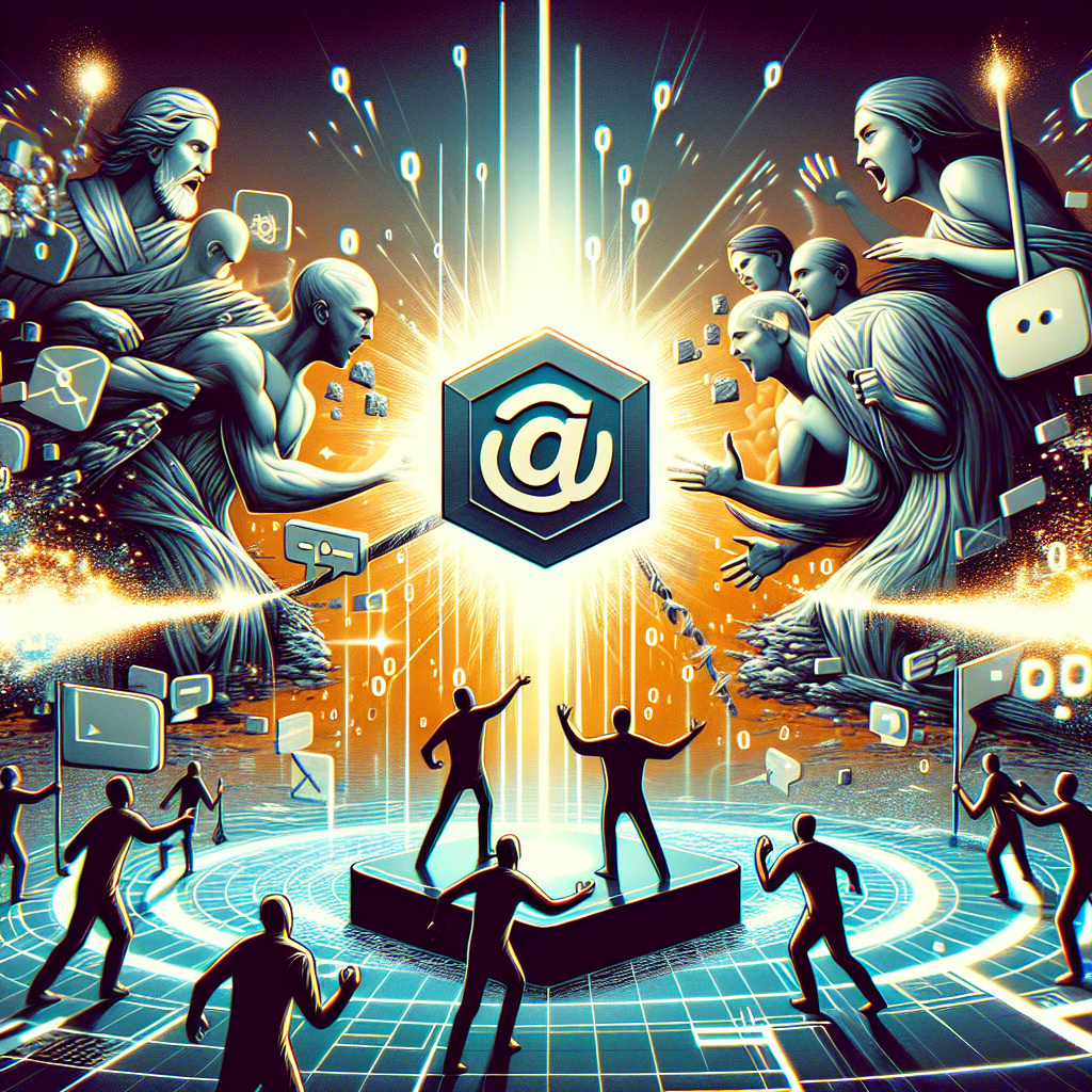 Illustration depicting the metaphorical representation of a digital battleground. Several abstract figures drawn in a futuristic style, representing different tech companies, are seen in the midst of a fierce debate. One of them holds a large emblem with a logo reminiscent of a popular short video platform. They stand on a shifting landscape of ones and zeros, signifying the virtual nature of this confrontation. Bright sparks flash, symbolizing the controversy. The image should offer a visualization of the tumult happening within the technology industry, without explicitly naming any companies or apps.
