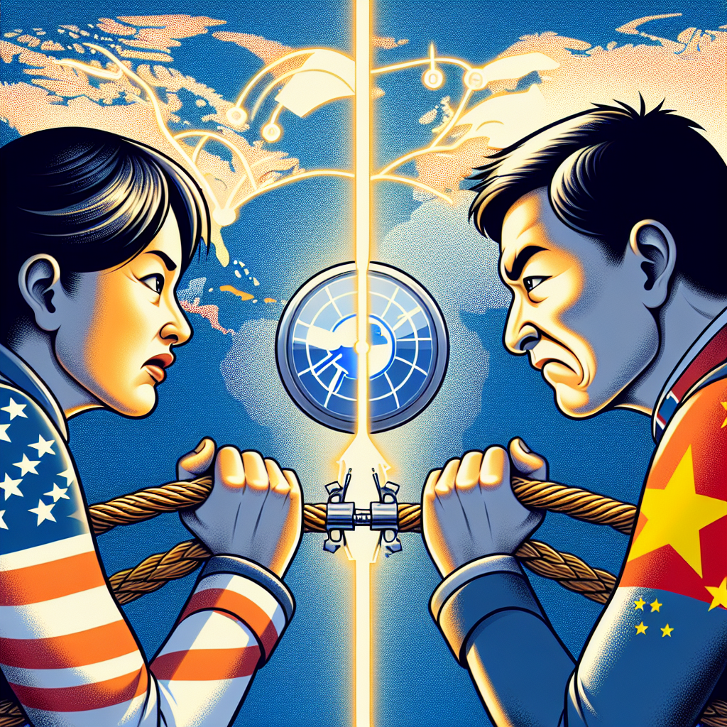 Imagine an illustration representing the concept of technological tension between two countries. Depict an American tech worker, a female with Asian ancestry, and a Chinese tech worker, a Caucasian male, on opposite edges, both pulling on a wire that symbolizes technological control, with the logo of a clock mid-way, symbolizing a popular social media app. The background is a map of the world, highlighting the US and China.