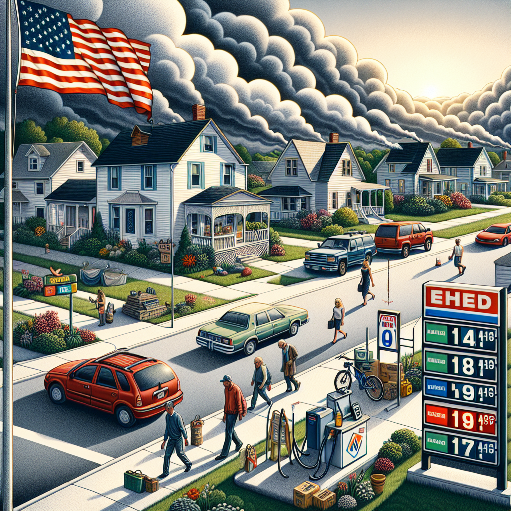 A detailed landscape of suburban America with its various elements impacted by gas prices. Display a row of houses on a street, caucasian and hispanic residents walking to work, cars parked on the driveways not being used. Include an American flag waving in the wind and a gas station with prominently displayed high prices in the foreground. Hint towards the economic impact by illustrating some small businesses closed, and a long queue at the bus stop. Incorporate a dense cloud cover to suggest uncertainty, and a sun peeping through it casting long shadows as a symbol of hope.