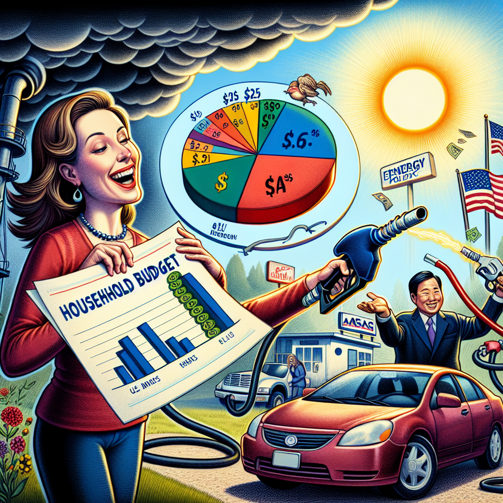 An illustrative depiction showing the transformation of a household budget due to the effects of affordable US gas prices. In the foreground, there's a Caucasian woman joyfully analyzing a pie chart showcasing a significant decrease in energy costs. Nearby, an Asian man is refueling his car at a cheaper rate, a metaphor for the low gas prices. The background is filled with American symbols like the US flag and a natural gas pipeline, signifying the US energy policy. Lastly, a transition is depicted from a gloomy clouded overcast to a bright sunshine, symbolizing the positive transformation.