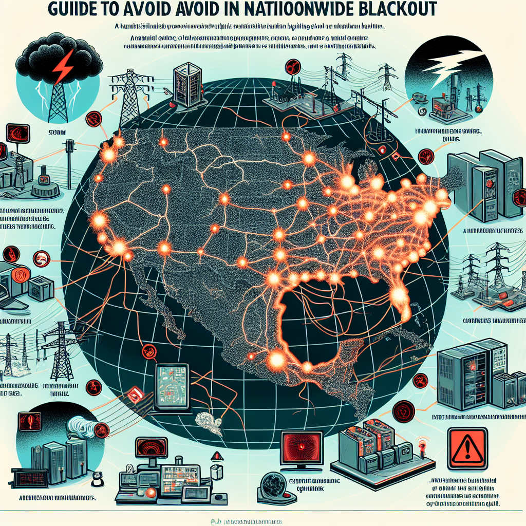A comprehensive picture illustrating the threats to a power grid, leading to nationwide blackout. Visualize a large, intricate power grid spanning across an entire map of a country, networks of power lines connecting all corners. Highlight a few potential risk points in the power grid: natural disasters like lightning storms and hurricanes, human errors, equipment malfunctions, or cyberattacks. Each risk is manifested visually - a storm cloud near a power line, a lightning bolt striking, a hacker symbol at a crucial junction, a red hazard at a machine. Include a guidebook in the corner of the image labeled 'Guide to Avoid Nationwide Blackout'.
