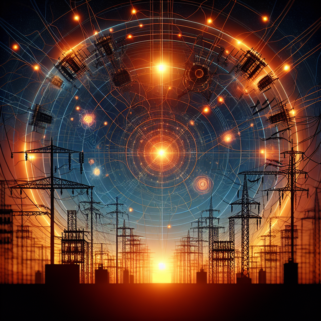 An illustrative image displaying an extensive network of power lines silhouetted against a setting sun. The sun's rays create a vibrant, orange hue on the horizon, blending into a deep blue sky towards the zenith. Suddenly, power lines and transformers in the image begin showing signs of malfunctioning, emitting sparks. Then the power grid progressively transitions into darkness, symbolizing a nationwide blackout. In the foreground, fits the title 'Power Grid Failure Risks: Urgent Warning of Nationwide Blackout'. Everything is calm, but the impending darkness signals a potential large-scale, significant blackout.