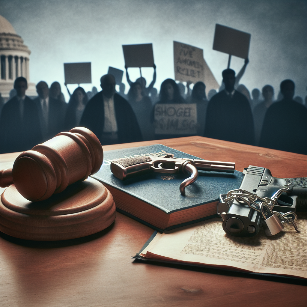 A still life scene representing the concept of federal gun control legislation. In the center, place a gavel, symbolizing legislative power. To its left, an abridged constitution open to the 2nd Amendment and to its right, a stylized firearm with a lock and chain wrapped around it indicating restriction. These are set on a wooden desk, symbolizing a legislative or judicial setting. In the background, softly faded, show a diverse crowd of people protesting peacefully, holding signs advocating for reduced gun violence. The color theme should predominantly be in shades of blue and gray, communicating a somber, serious mood.