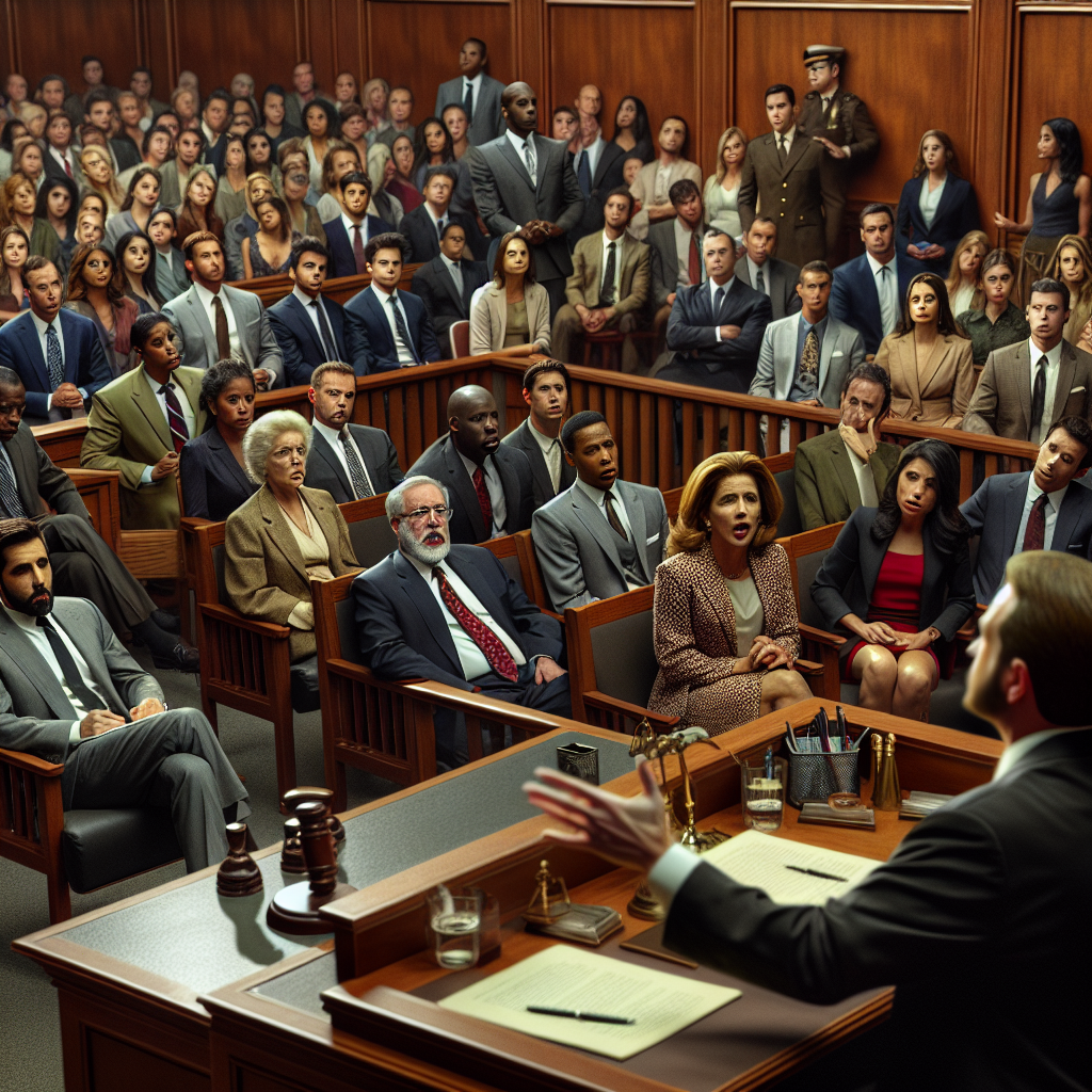 Represent a scene showcasing a US courtroom's interior filled with anticipation during a high-profile criminal trial. Show people of various descents including Caucasian, Hispanic, and Black, filling roles like the judge, lawyers, defendant, and spectators. The judge, a South Asian woman, is capably overseeing the proceeding. Feature a Middle-Eastern man lawyer passionately arguing his case. The defendant, a Caucasian man, listens attentively. Captivate the tension in the room with the spectators anxiously awaiting the verdict. Don't show any specific verdict or imply any specific outcome. The focus is on the dramatic atmosphere of the event.