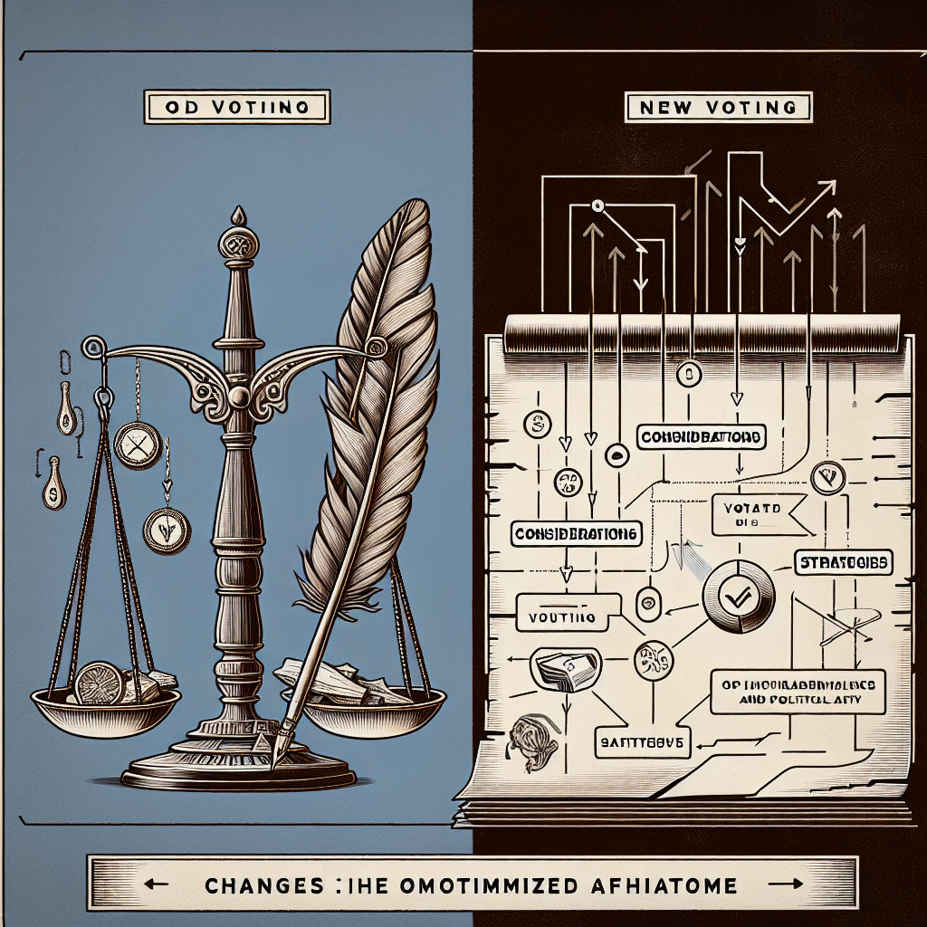A visual guide regarding changes in voting laws: on the left part of the image, show contrasting symbols of the old and new voting legislations - perhaps an antiquated parchment with a feather pen versus a modern digital interface. On the right side, display a balance scale, symbolizing optimized aftermath, with considerations and strategies outlined neatly beside it. Strands of flowchart arrows connect them, demonstrating a strategic approach. Please avoid representing any specific countries or political parties.