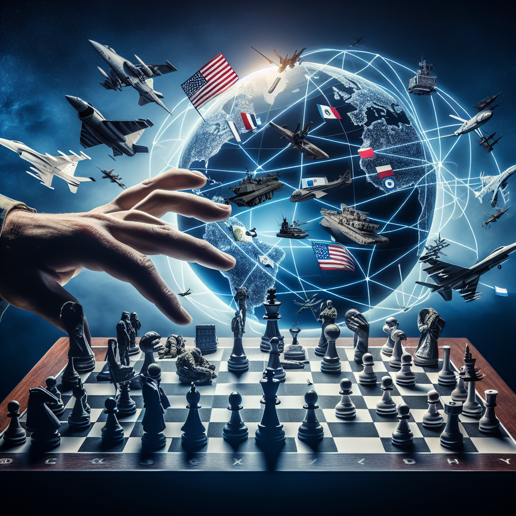 A visually detailed and metaphorical representation of global security strategy, symbolizing the concept of US military aid. Include elements like a chessboard with pieces symbolizing various military resources like aircraft, naval vessels, and infantry units. Show multiple hands moving these pieces, indicating international collaboration. A globe in the background could signify the global aspect. Do not include any identifiable flags, insignias, or symbols. Stick to generic representations. Lastly, overlay the scene with a calming dusk sky, symbolic of peace and stability. No direct depiction of any public figures or individuals is needed.