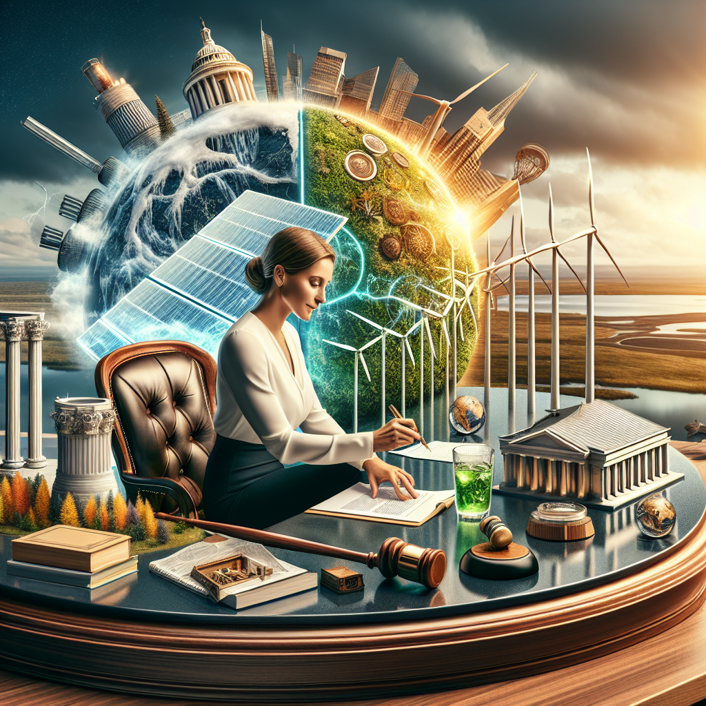 Visual depiction of a balanced composition that symbolizes clean energy investments and climate change legislation. It features a Caucasian female legislator crafting a green bill while sitting at a polished wooden desk with an shining solar panel depicted on the paper. Around her, several models of renewable energy technologies are displayed, such as a spinning wind turbine, a gleaming hydroelectric dam, and a radiant biomass power plant. In the background, a broad skyline showcases a melting iceberg murmuring the urgency of climate change. The atmosphere is filled with thoughtful positivity, embodying the pivotal role of strategic legislation in combating climate change.
