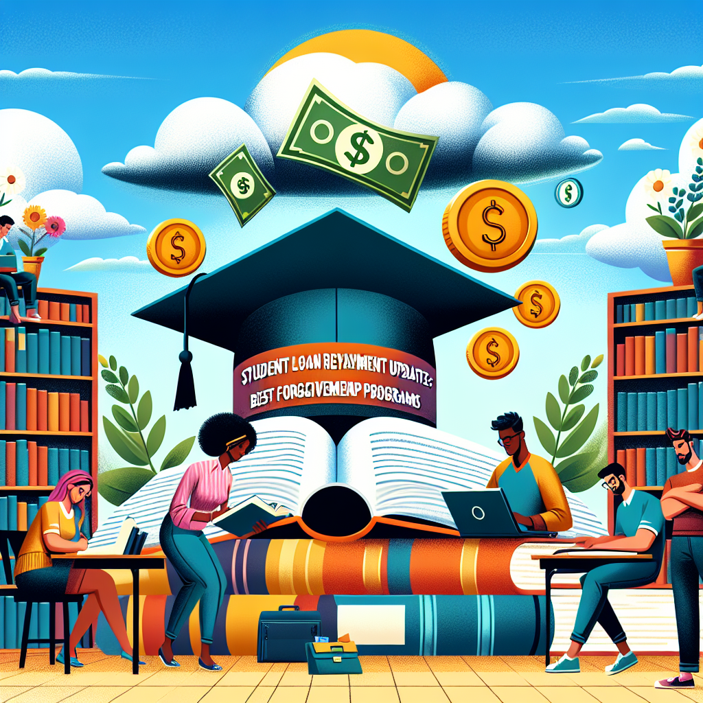 An illustrative scene for an article focusing on updates to student loan repayment options. Imagine a vibrant library setting with diverse students of differing descents: a Hispanic female studying on a laptop, a Black male reading a thick book, and a South Asian female writing notes. In the foreground, giant symbols of student loans, like a mortarboard adorned with dollar bills and stacks of coins and banknotes, float. Above them, an imposing cloud dissipating, signifying 'forgiveness', revealing a sunny, clear sky. Also, incorporate a bold headline text saying 'Student Loan Repayment Updates: Best Forgiveness Programs'.