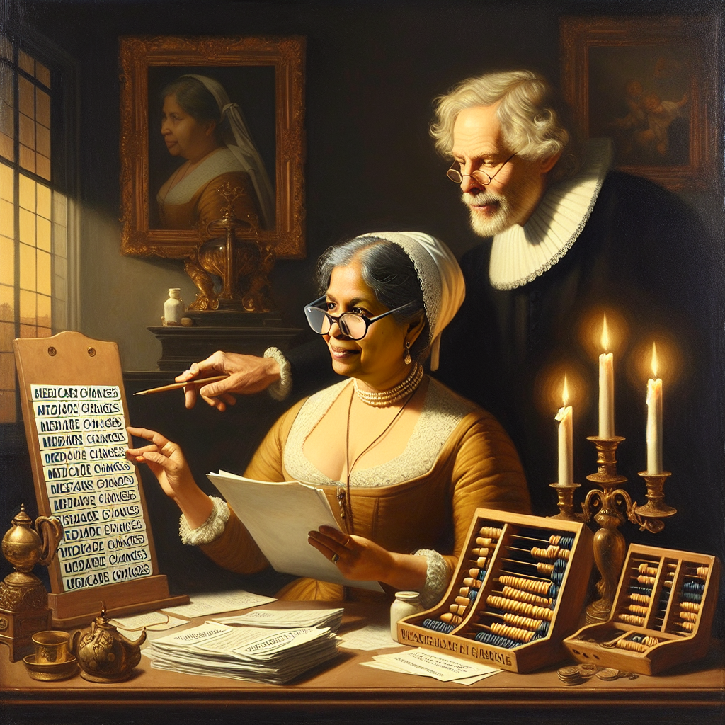 An antique style painting inspired by the Dutch Golden Age, using oil on canvas. At the center, a middle-aged South Asian woman is depicted, she is wearing glasses and pouring over a stack of papers labeled 'Medicare Changes'. She is seated at a large desk shining in candle light. The desk contains other tokens: a quill pen, an oil lamp, and a wooden abacus. To her side, a Caucasian man with a thoughtful expression stands, his hand on the lady's shoulder, pointing towards a paper held in his other hand, suggesting some strategies to cut healthcare costs.