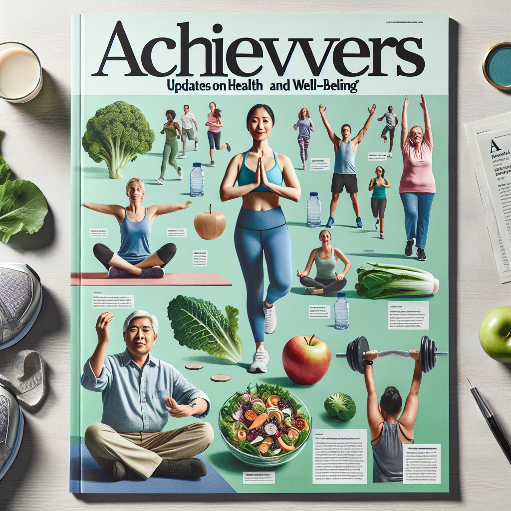 A beautifully designed magazine cover for an article about important health and well-being achievements. The cover should feature symbolic representations such as a pair of running shoes, a yoga mat, a leafy green salad, a glass of water, and a weightlifting dumbbell. Images of ordinary people achieving their wellness goals can be shown as well. For instance, a middle-aged Caucasian woman gracefully doing yoga, a young Hispanic man energetically lifting weights, and a South Asian elderly couple briskly walking outdoors. The headline should read: 'Achievers: Updates on Health and Well-being'.