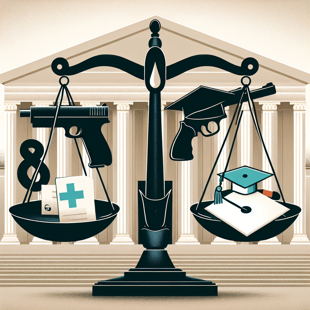 An illustration conceptualizing the impact of Supreme Court decisions on abortion, gun laws, and student loans. Picture a scale of justice symbolically representing the issues. On one side, have symbolic representation of abortion like a medical cross, while on other, a graduation cap symbolizing student loans. In the background, subtly incorporate a handgun showing the gun laws. All elements should be evenly balanced, translating the weight of the rulings equally affecting each sector. Setting: in front of an imposing building resembling a courthouse. Remember, no specific figures are to be shown in the image.
