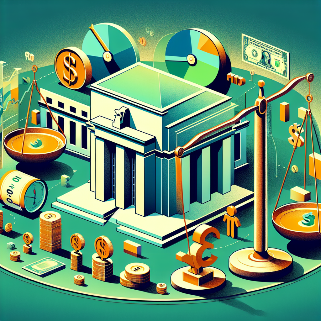 Illustrate a scene of an abstract concept of managing inflation in the context of monetary policies. Include a stylized representation of the Federal Reserve, symbolizing the epicenter of monetary decisions. Additionally, include elements symbolizing interest rates such as a large dial or gauge. Also represent an economic scale balancing inflation and growth. Incorporate colors that usually represent finance and economy like green and gold. Note: remember to keep the representations abstract and symbolic without personifying any real-life figures.