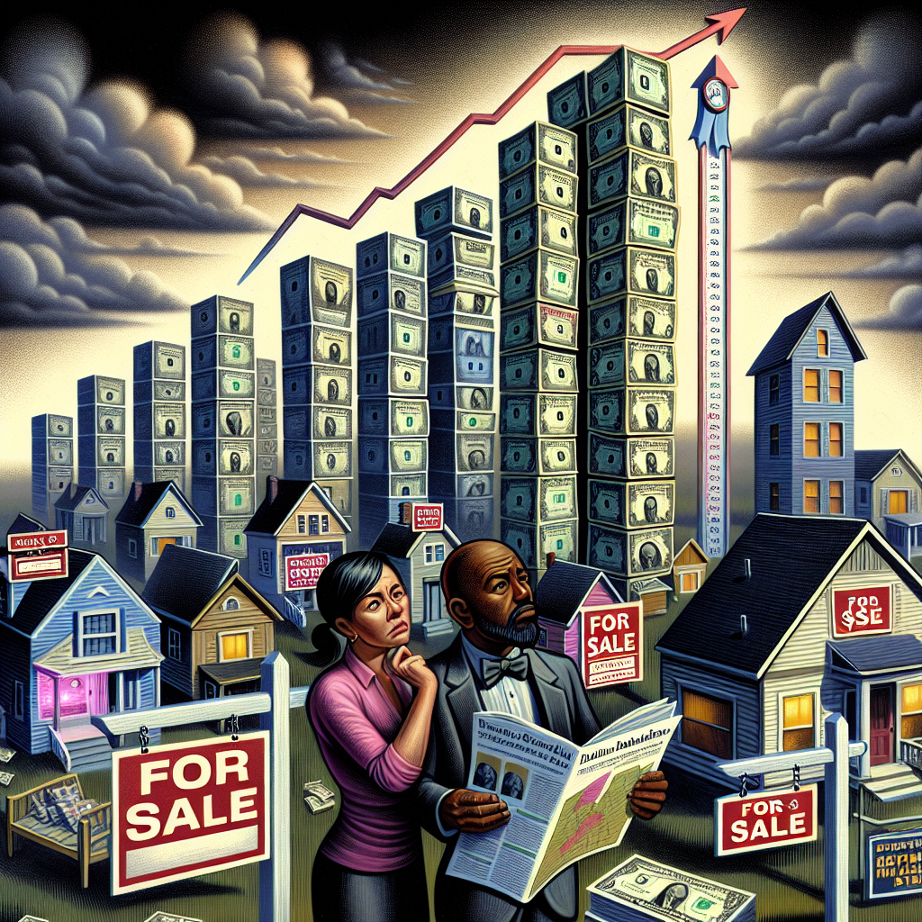 An illustrative representation of the United States housing market crisis: a collection of various houses with 'For Sale' signages scattered around on a plain indicating a saturated market. Detail to include a tall, rising bar graph constructed with dollar bills to signify increasing mortgage rates. In the foreground, two individuals, a Hispanic woman and a Black man, are depicted studying the graph with expressions ranging from contemplative to worried. They hold a big compass and a map which are metaphors for tips for navigating these rates. The backdrop is a stormy sky adding further to the sense of crisis.