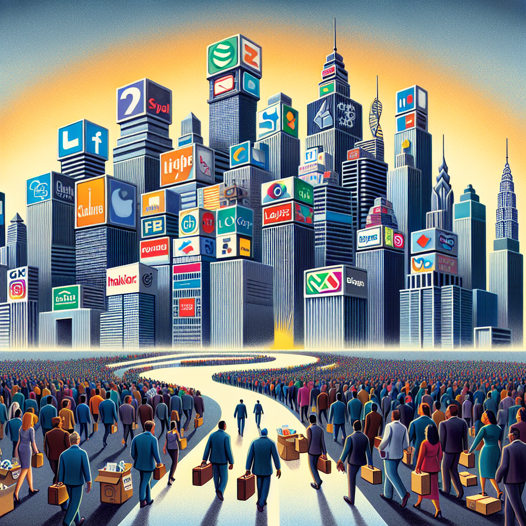 A symbolic illustration depicting a large cityscape filled with towering skyscrapers, each skyscraper bearing logos of big technology companies. Some of these skyscrapers are being dismantled, representing layoffs in the tech industry. Thousands of diverse people, including Caucasian, Asian, Black, and Hispanic men and women, are walking away from the dismantling buildings, some carrying boxes filled with office items. These people are transitioning into a road leading to a brightly lit path, which is materializing into a guidebook titled 'Must-Have Guide for Job Seekers'. The guidebook is open, revealing a map of diverse opportunities.