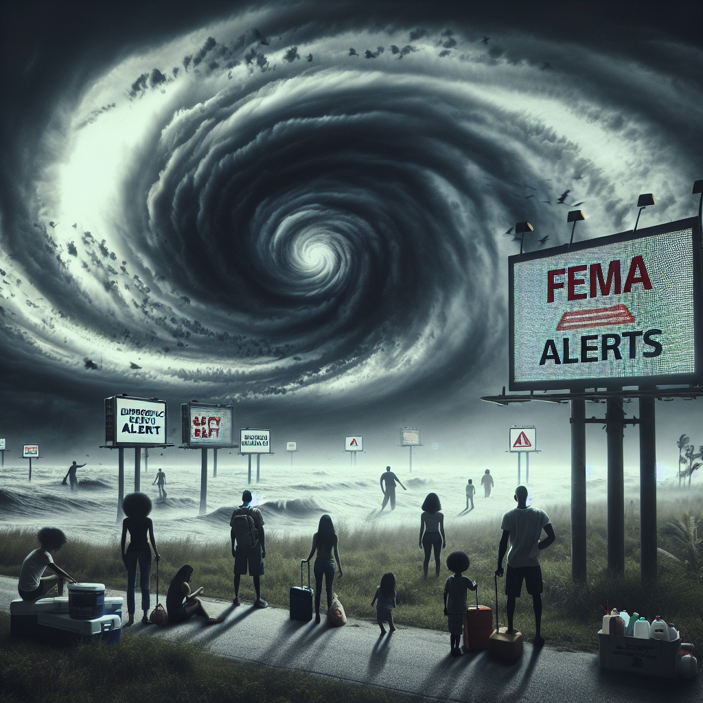 Create a chilling yet hopeful image depicting the onset of hurricane season. The image should capture a dramatic sky filled with tumultuous gray clouds, hinting at a hurricane. In the foreground, include signage symbolizing FEMA alerts, such as digital billboards displaying emergency alert symbols and safety tips. Also portray some people of different descents - Black, Asian, and Caucasian, as they secure their homes and prepare for the storm, embodying an image of preparedness and safety. Remember to use muted colors to evoke an atmosphere of tension and urgency.