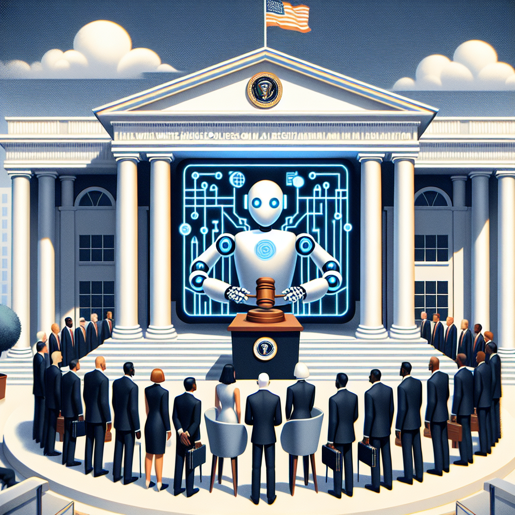 Create an illustrative representation of an AI regulations concept. Visualize a stately edifice reminiscent of government buildings, with white pillars and a flag flying overhead, symbolizing the 'White House'. Within this place, depict a scene of balanced negotiation between male and female figures of Caucasian, Hispanic, Black, Middle-Eastern, and South Asian descents, representing the collaborative effort in implementing regulations. They surround a large screen displaying an anthropomorphic robot with a gavel in its hand, emphasizing AI's role in legislation. This should convey the theme of the 'Best White House Policies on AI Regulation'.