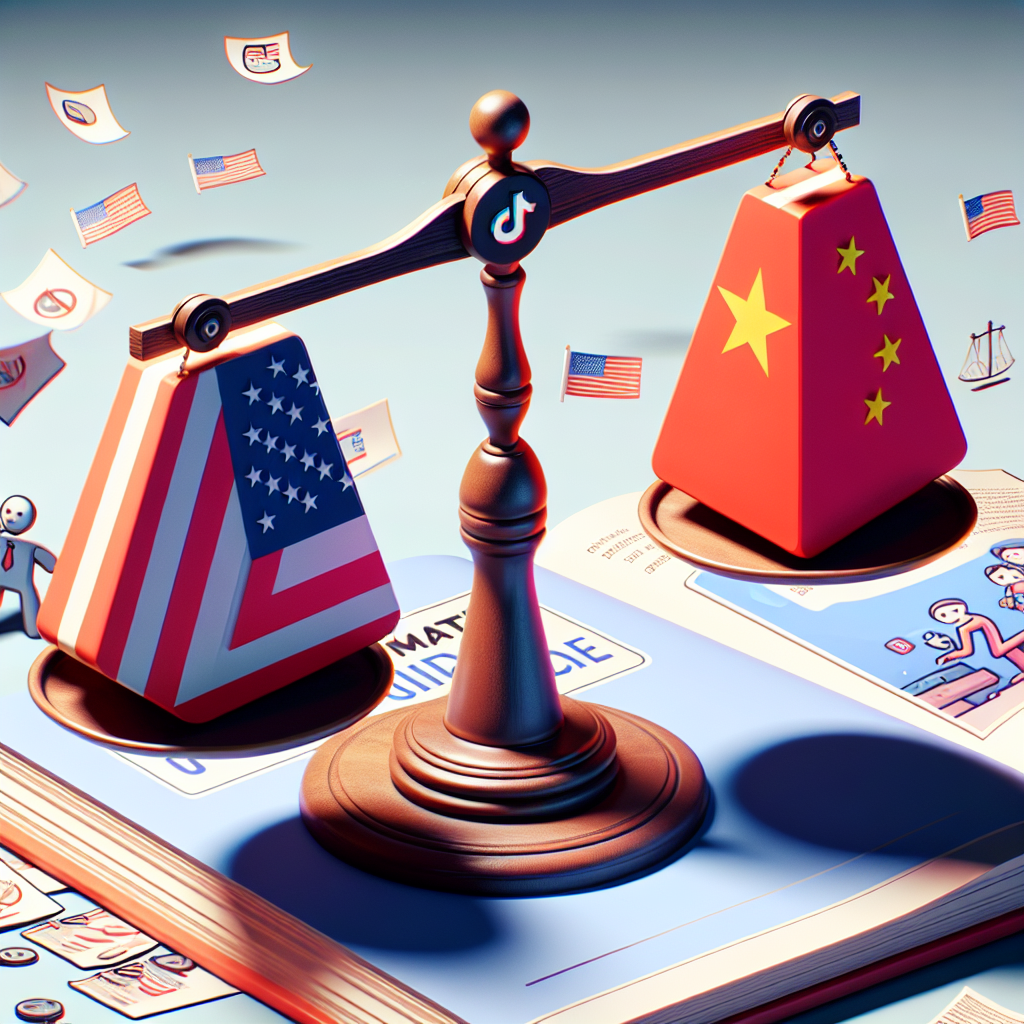 A teeter-totter balancing a symbol representative of two flags, one being the American flag and the other the Chinese flag. The fulcrum on which the teeter-totter is balanced to represent technology. Meanwhile, a large book lies open, titled 'Ultimate Guide', nearby where cartoon pages fly out and on them are illustrated depictions representing the concept of a ban, such as a stop sign or a barred icon. In the background, the shadowy silhouette of an app symbol recognisable as the shape of the TikTok logo.