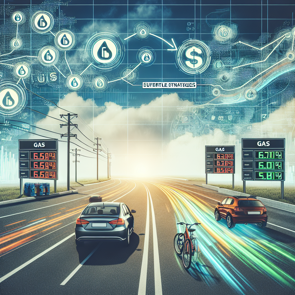 Create an image concept that visualizes the theme of 'Energy Policy Changes Driving US Gas Prices: Effortless Strategies for Consumers'. The foreground features an open road with multiple car lanes. The background showcases fluctuating gas price boards, representing the changing gas prices in the USA. On a separate prominent layer, illustrate strategic elements signifying effortless strategies employed by consumers, such as a car with a fuel efficiency badge, a bicycle, or a battery-powered car. The scene should be set under a bright sky, symbolizing hope and positive change. Do not include any identifiable people or logos.