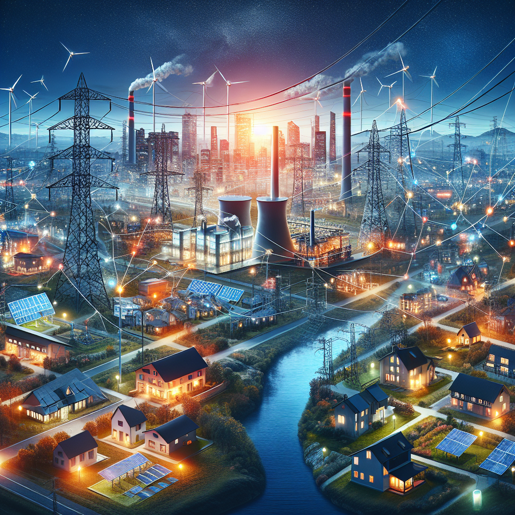 Picture a nationwide landscape in the evening with a blend of urban, suburban, and rural areas. Some prominent structures, like a power plant, a suburban neighborhood, and a remote farmhouse, are interconnected by a myriad of power lines stretching across the scene. Among the important elements are back-up power sources like solar panels and wind turbines. In the city area, depict a large screen displaying the headline 'Must-Have Measures for Preventing Nationwide Blackout'. Don't forget to show some areas affected by a power shortage, subtly hinting at the consequences of a power grid failure.