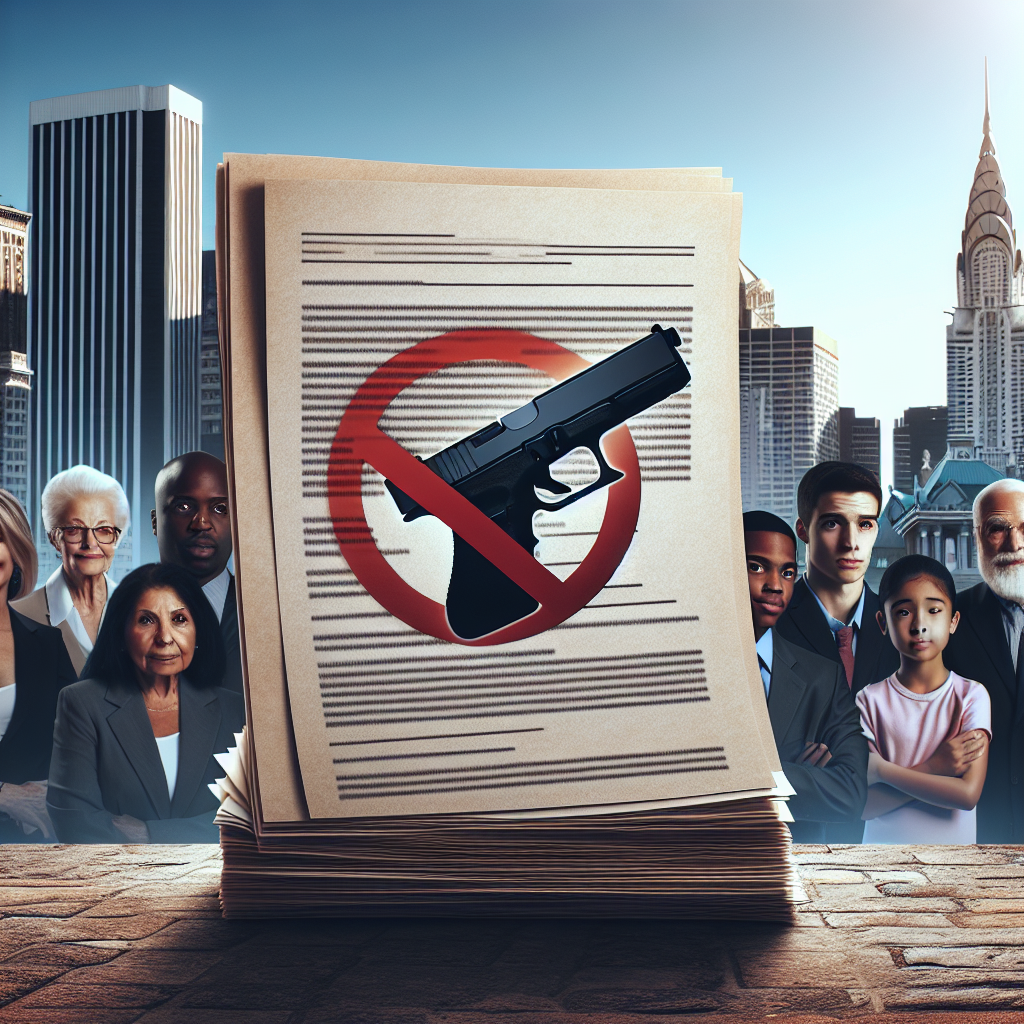 Depict an image symbolizing gun control legislation as a possible solution to address gun violence. Show a stack of official, unmarked legal papers, having an image of a firearm crossed out by a bold red strike on the front cover. The background should include an orderly urban setting during daylight, representing a peaceful society. In the foreground, show a diverse group of citizens, including a middle-aged Hispanic woman, a young Black man, an elderly Caucasian man, and a South Asian female teenager, all looking towards the legislation papers with hopeful expressions.