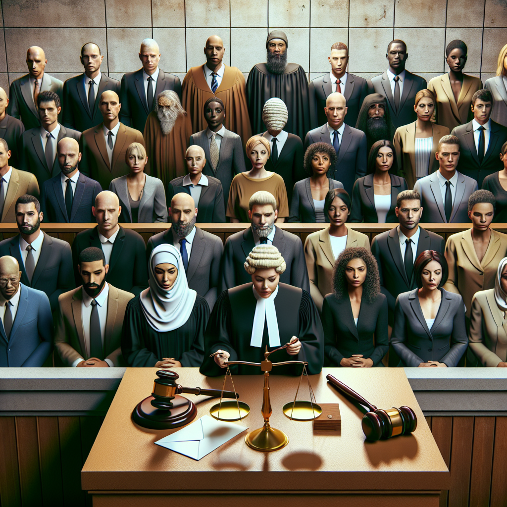 Create a compelling image that represents high-profile criminal trials in the United States. The composition could include a courtroom scene with an anonymous judge, a diverse group of jurors of different descents and genders such as Caucasian, Hispanic, Black, Middle-Eastern, South Asian, and White men and women. It could also feature symbols of justice like a gavel, judicial robe, and a scale. Make sure to give prominence to the verdict being announced, possibly by emphasizing an envelope or a piece of paper. Note, make all characters generic without references to any specific real-life personalities.