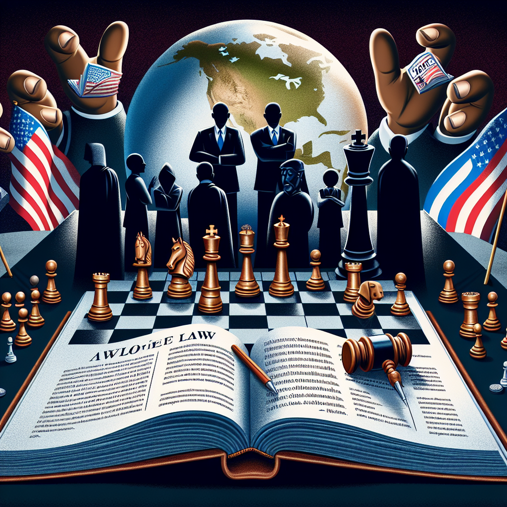 Illustration representing the concept of voting law changes and strategies for post-election success. The scene should include a giant chess board with Caucasian and Black chess pieces symbolizing different political sides, shadowy in the background, a globe implying a worldwide significance. Also, include an open law book with inscriptions about elections and voting rights in the foreground as the symbol of the changing voting laws. There are two hands hovering above the chess board, showing diversity, one being South Asian and the other Hispanic, symbolizing strategic decisions.