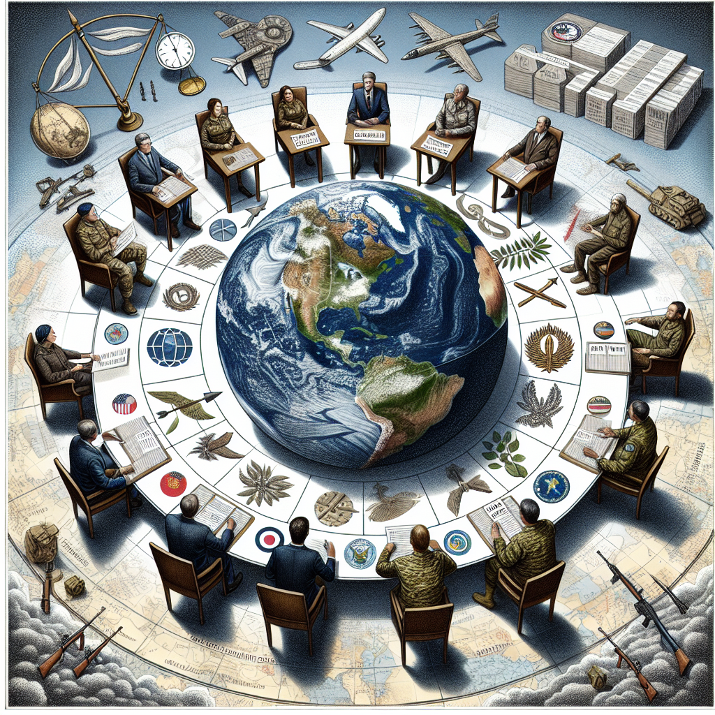 A detailed image showing a globe at the center of a round table, with symbolic icons such as an olive branch for peace and arrows for defense circulating around it to signify strategic commitments. Around the table, people of various descents and genders representing different countries are seated, engaged in discussion. Some of them are holding documents labelled 'US Military Aid'. There are layered maps on the walls denoting global security, and a balance scale on the table indicating the careful decision-making process involved. This image encapsulates the concept of strategic commitments for global security with regards to US military aid.