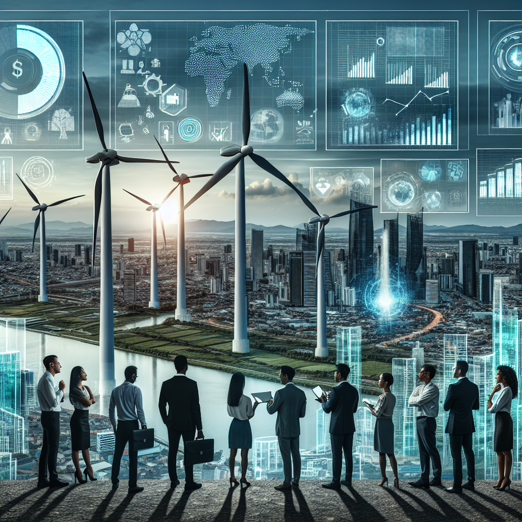 Depict a high-level view of a city panorama presenting multiple clean and sustainable energy solutions. Show on the left side wind turbines, in the middle solar panels, and on the right side, a hydroelectric dam. Overlay this with high-tech screens hovering in the sky, displaying graphs and data visualization, showing the increasing return on investment and positive impact of clean energy. Include a diverse group of people such as a Caucasian female architect, an African man in a business suit, an Asian woman who is an engineer, and a Hispanic male investor discussing strategies, all in the foreground.