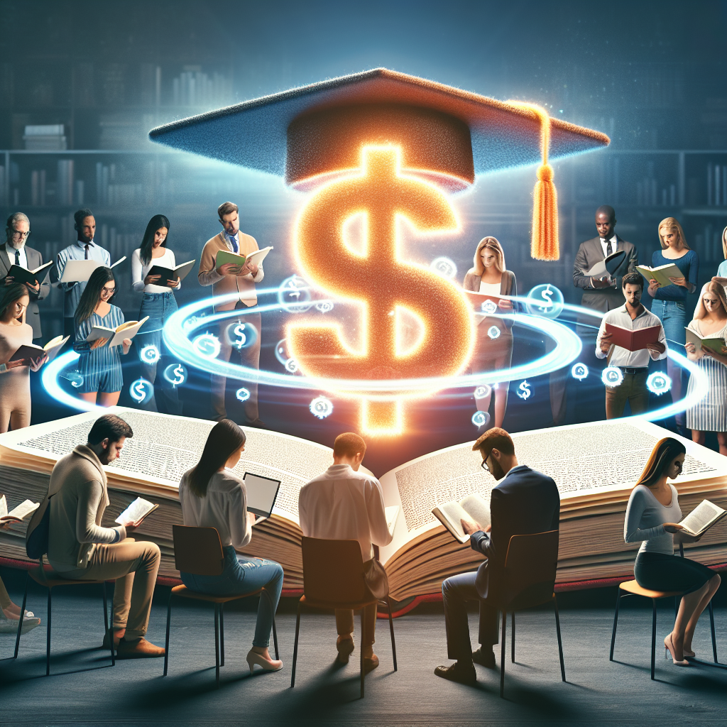 An image representation of an insightful article on the latest student loan repayment trends and best forgiveness programs. The picture should depict a variety of individuals from different descents such as Caucasian, Hispanic, Black, Middle-Eastern, and South Asian, all poring over books and laptops as they navigate a digital platform on the subject. In the background, there should be a large, glowing symbol of a graduation hat intertwined with a dollar sign - symbolizing the intertwining of education and finance. The scene should be imbued with a hopeful and enduring motif, promoting the possibility of loan forgiveness.