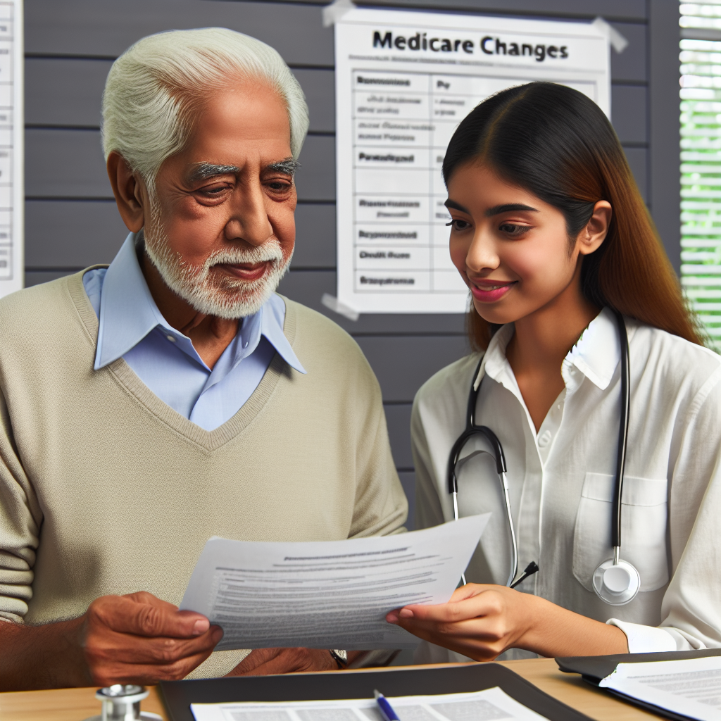 Picture a scene showing an elderly South Asian man and a young Hispanic woman discussing a document labeled 'Medicare Changes' in a clutter-free office. The man looks content, perhaps relieved, while the woman, presumably a healthcare professional, explains the policies with an earnest demeanor. Behind them is a wall chart showing various health insurance plans, with a marked shift towards simplification and user-friendly reforms.