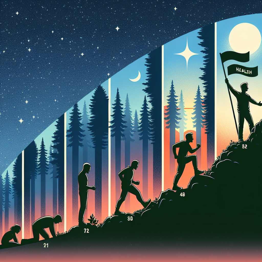 Illustration for an article capturing the essence of personal triumph. Display the journey of a regular person, divided into multiple stages, represented metaphorically. Start with a silhouette waking up at dawn, stretching and preparing for a jog. The next phase shows the person running through a forest, symbolizing perseverance. Following that, they are climbing a steep, rocky mountain, emblematic of life's challenges. Finally, show them at the top, holding a flag with 'HEALTH' written on it while watching a beautiful sunset. All against starry summer night as a backdrop, symbolizing hope.
