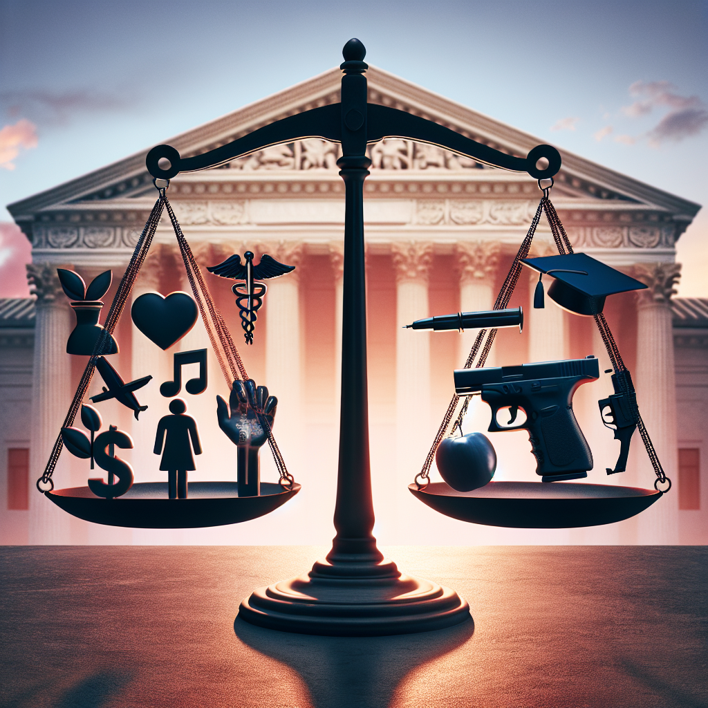 The image is a metaphorical depiction of landmark cases on major issues, featuring different symbolic elements. A balance scale, symbolizing the justice system, sits in the center. On one side of the scale is a medical symbol representing abortion issues, on the other side are icons of a graduation cap representing student loans and a pistol conveying gun control. In the background, we can see the silhouette of a courthouse, which represents the Supreme Court. The image is softly illuminated by a setting or rising sun, symbolizing change and evolution.