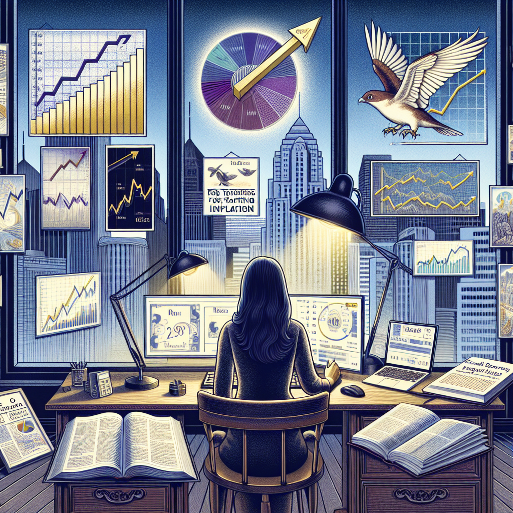 Depict an intricate illustrative scene of a South Asian female economist at her desk, studying several charts, graphs, and data on computer screens that represent Federal Reserve interest rate decisions. Beside her is an open book laid flat on the desk titled 'Best Strategies for Tackling Inflation'. The room is subtly lit with a vintage floor lamp and outside the window an abstract representation of the city's bustling economy. As symbolic elements, a soaring bird represents high interest rates, while a descending bird symbolizes low rates. Everything should be visually connected, suggesting wise strategic planning.