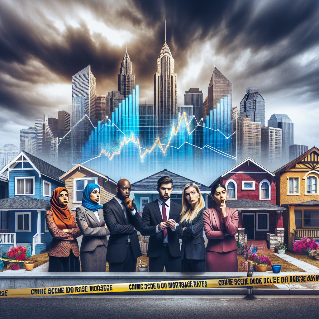Visualize an urban cityscape with various styles of homes; a row of traditional houses, modern apartments, and bungalow houses. Overlay a dramatic sky signifying a storm brewing, symbolizing a crisis. Feature a group of diverse people; a Middle-Eastern woman, a Black man, an Asian woman and a Caucasian man, showing expressions of concern as they look at a chart displayed on a billboard. The chart represents the rise in mortgage rates. Crime scene tape is stretched across the front of the residential area, signifying danger and risk.