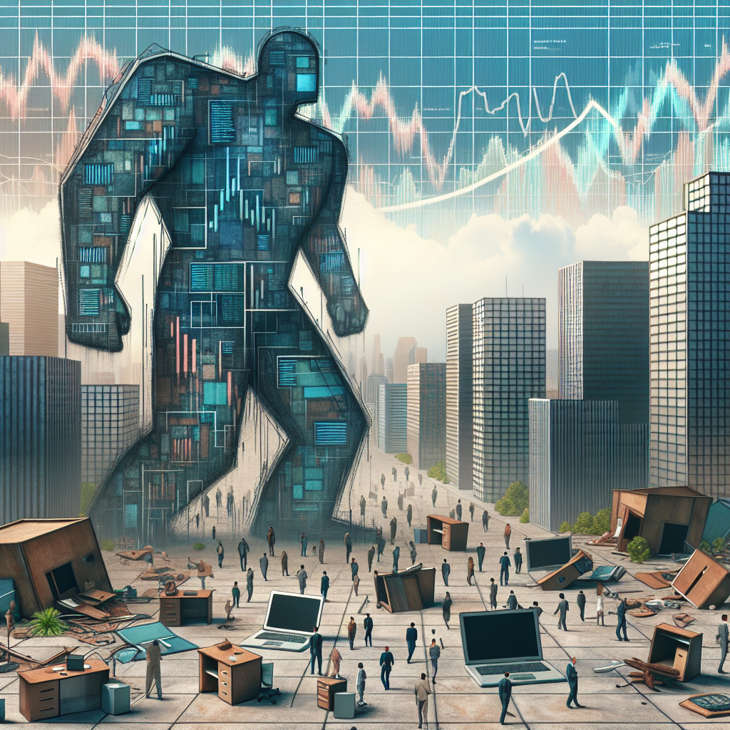 Illustrate a scene where enormous symbolic tech-inspired giants stand in a devastated urban landscape, with empty office buildings, discarded desks, scattered laptops, and fallen nameplates indicating mass layoffs. Add data charts, graphs, and trend lines looming in the sky in muted colors, representing the contrast of the economical downturn. Include diverse groups of people, expressing different reactions, from shock to resignation. This abstract visual metaphor provides an exclusive insight into the impact of mass layoffs within the technology industry.