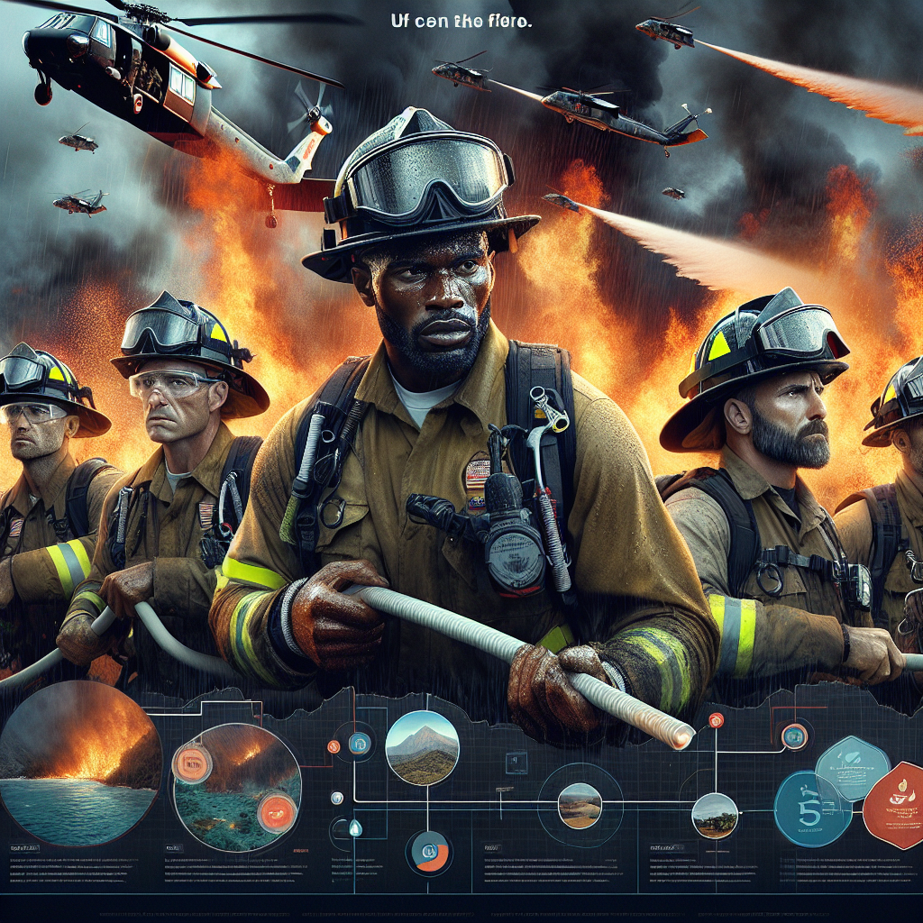 Imagine an intense scene depicting the struggle and bravery of firefighters battling a roaring wildfire. These men and women, a diverse mix of Caucasian, Black, Hispanic, Middle-Eastern, they are in the thick of it, outfitted in their heavy protective gear, helmets, and safety goggles. Their faces glossy with sweat, their expressions determined and focused. Behind them, the sky is filled with dark smoke and a glaring orange glow, creating a dramatic backdrop. They're using different tools to combat the fire, such as hoses and helicopters dropping water. In the foreground, an infographic illustrates effective strategies against extreme heatwaves.