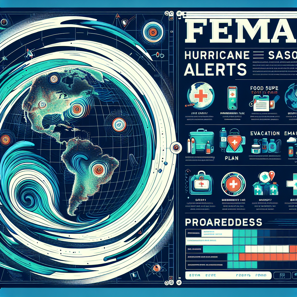 Create an image that displays a weather map with swirling storm systems representing the hurricane season. On the side, display a checklist of must-have preparedness updates such as food supplies, first aid kit, evacuation plan, and emergency contact numbers. The theme is primarily in a color scheme of blues and greens indicating different storm intensities, while the preparedness list is in contrasting red and whites. In the foreground, add a large, bold title that says, 'FEMA Hurricane Season Alerts', evoking a sense of urgency and importance.