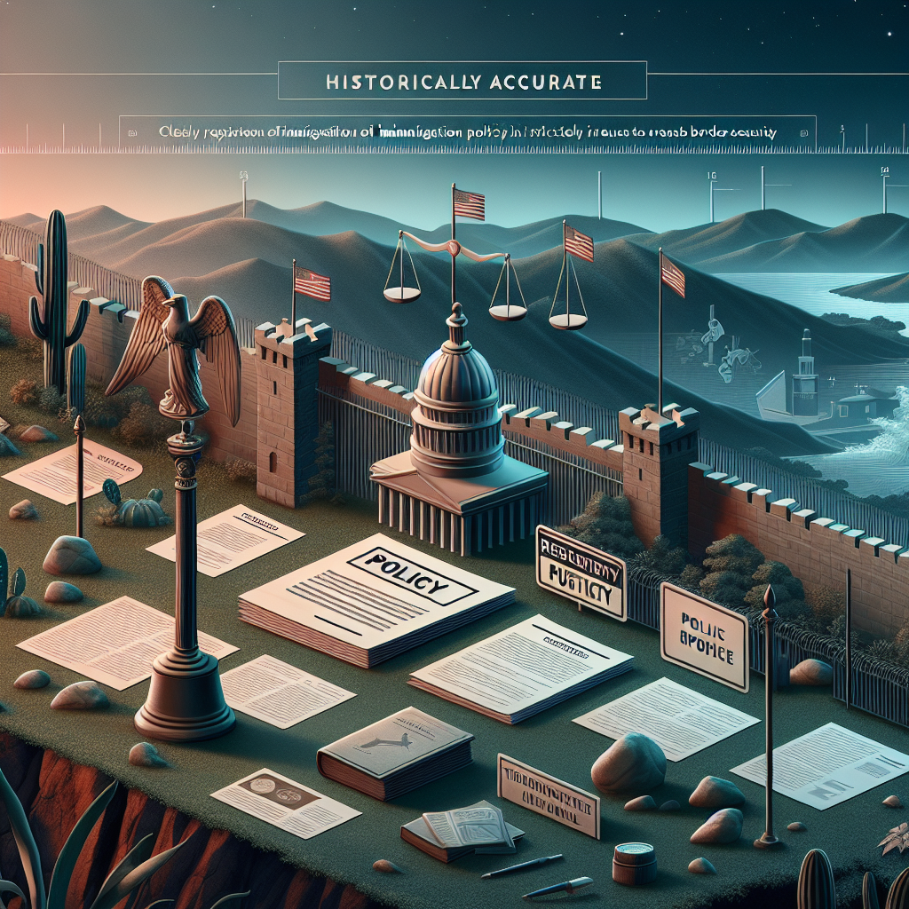 Historically accurate representation of the concept of immigration policies strictly in regards to border security. Display a symbolic US border with clear signs indicating policy changes, such as paper documents signifying policy updates and a traditional scale symbolising balance and fairness. The landscape should depict transitioning day to night, symbolising progressing time. No people should be included in the image. Please maintain a respectful and unbiased perspective throughout.